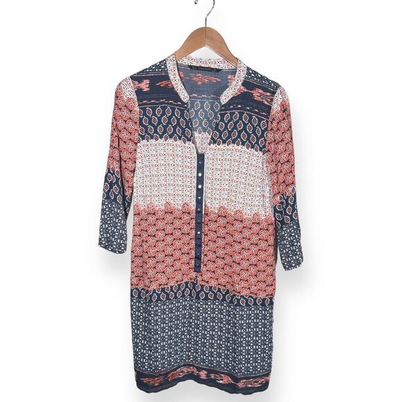 ZARA Tunic Boho Dress 3/4 Sleeve Paisley Geometric Gold Button Accent Blue Small - Picture 9 of 12